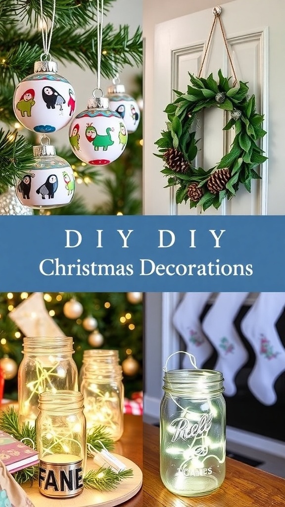 A festive Christmas scene with DIY decorations including ornaments, a pinecone wreath, and glowing jars.